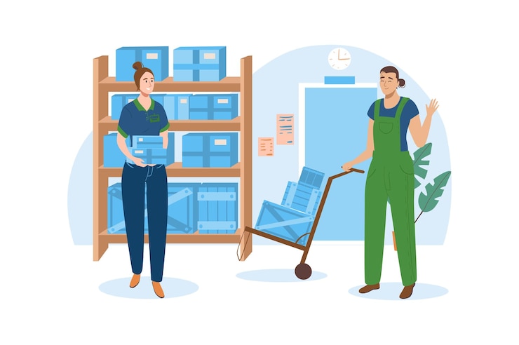 Vetor conceito azul dos correios com cena de pessoas no estilo cartoon plano trabalhadores postais empilham caixas