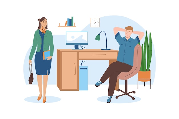 Conceito azul no local de trabalho com cena de pessoas no design de desenho animado plano