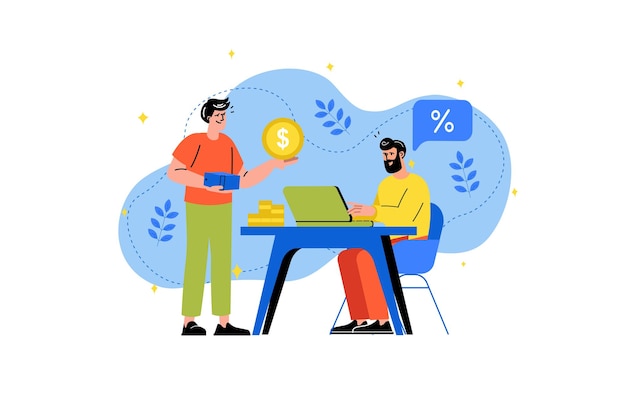 Conceito bancário com cena de pessoas no design plano dos desenhos animados O homem trouxe dinheiro para o banco para pagar por todos os serviços Ilustração em vetor
