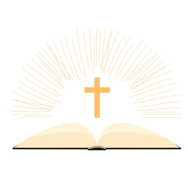Conceito bíblico. Luz brilhante da Bíblia Sagrada do livro aberto e da cruz cristã. Ilustração vetorial.