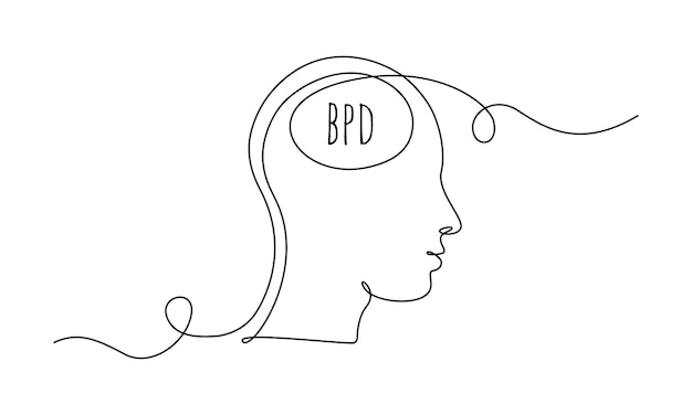 Vetor conceito bpd com cabeça humana. um desenho de linha contínua de transtorno bipolar ou transtorno de personalidade limítrofe. curso editável. doodle ilustração vetorial.