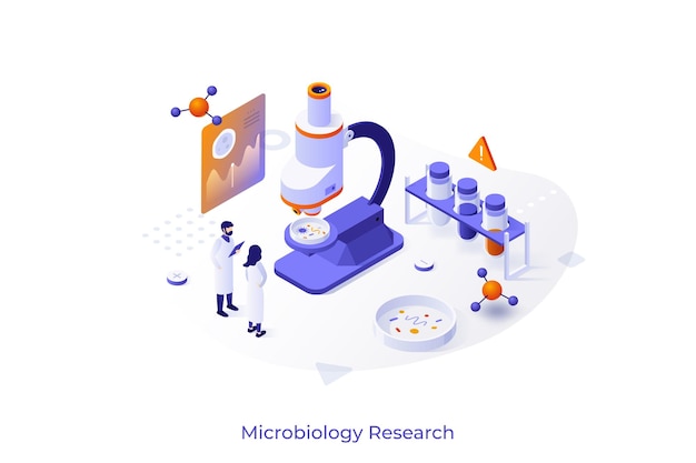 Conceito com microscópio de tubos de ensaio de cientistas e placa de petri análise bacteriológica microbiológica ou laboratório de pesquisa de microscopia modelo de design isométrico moderno ilustração vetorial