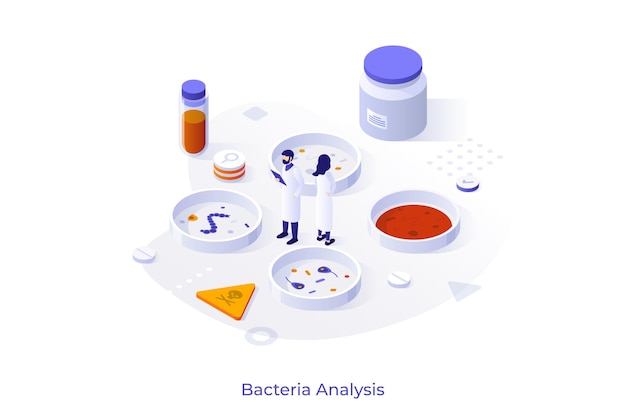 Conceito com pessoas em jalecos e placas de petri com bactérias experiência de bacteriologia microbiologia pesquisa científica modelo de design de infográfico isométrico ilustração em vetor moderno