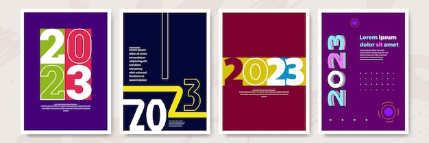 Vetor conceito criativo de pôsteres de feliz ano novo de 2023 definidos modelos de design com logotipo de tipografia 2023 para celebração e decoração de temporada fundos de moda minimalistas para cartão de capa de banner de marca