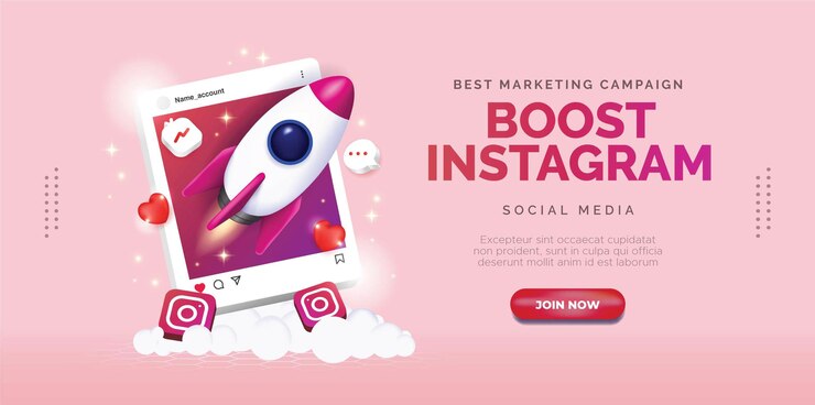 Conceito criativo em impulsionar o marketing do Instagram Post com foguete. Vetor Premium.