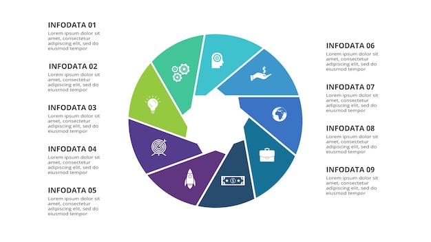 Conceito criativo para infográfico com 9 etapas opções de peças ou processos visualização de dados de negócios