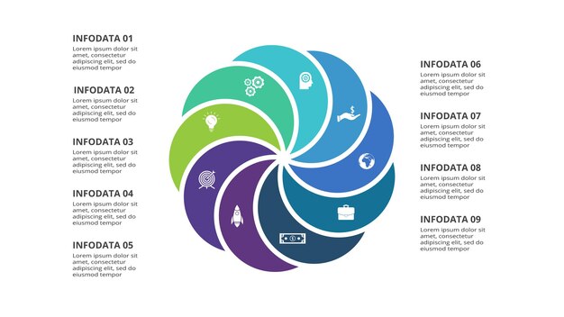 Conceito criativo para infográfico com opções de 9 etapas partes ou processos Visualização de dados de negócios