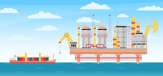 Conceito da indústria de gás marítimo Tecnologia de extração e perfuração de petróleo Tanker com armazenamento no oceano Aproxima-se da plataforma de perfuração Escena industrial de vetor decente