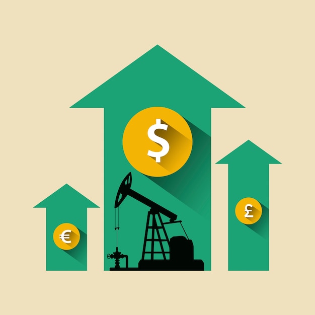 Vetor conceito da indústria do petróleo. o preço do petróleo cresce a flecha com bomba de petróleo e dólar, libra, moeda de euro.
