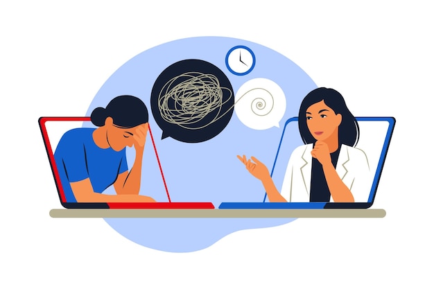 Conceito de aconselhamento psicológico. Serviço de assistência psicológica. Ilustração vetorial. Plano.