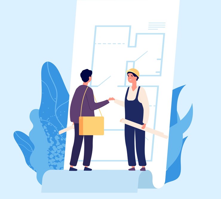 Vetor conceito de acordo. construtor e arquiteto de vetor apertam as mãos. ilustração do contrato de projeto e construção