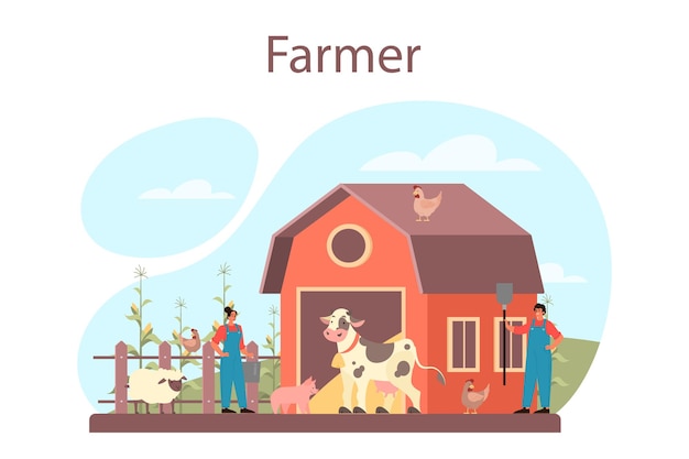 Conceito de agricultor. Trabalhador de fazenda no campo, regando plantas e alimentando animais. Vista do campo de verão, conceito de agricultura. Viver na aldeia.