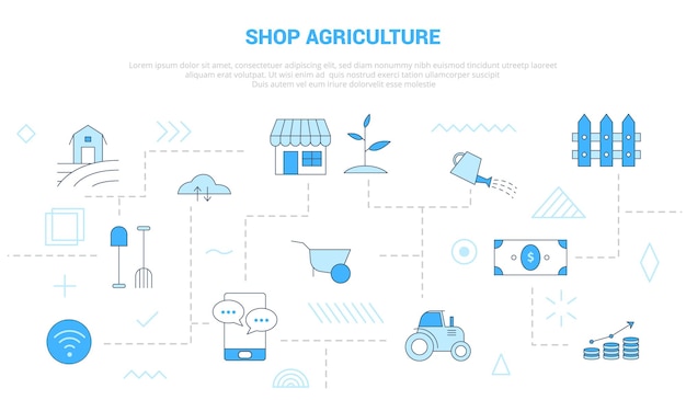 Conceito de agricultura de loja com ícones espalhados e interconectados de cor azul