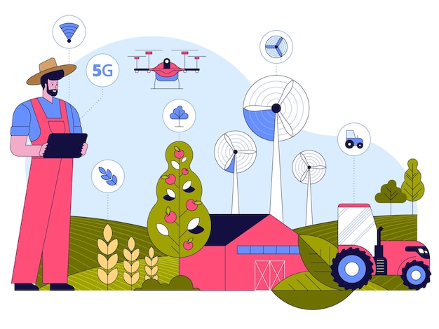 Vetor conceito de agricultura inteligente agricultor administra fazenda em aplicativo tablet coletando dados máquinas trabalham em campo drones voam turbinas eólicas geram energia ilustração de personagem vetorial de inovação no agronegócio