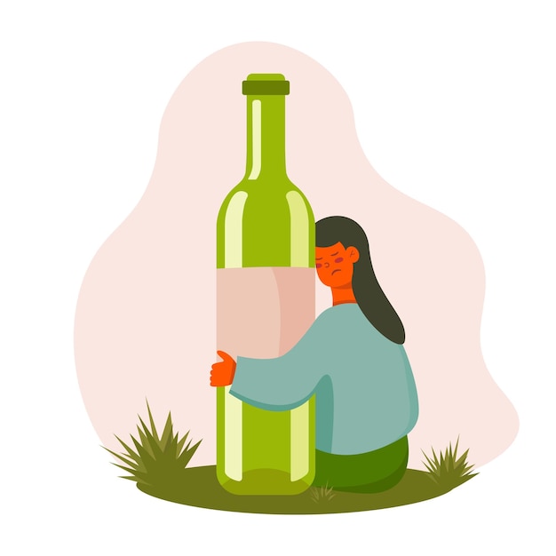 Vetor conceito de alcoolismo feminino a infeliz mulher está sentada na grama abraçando uma garrafa de vinho