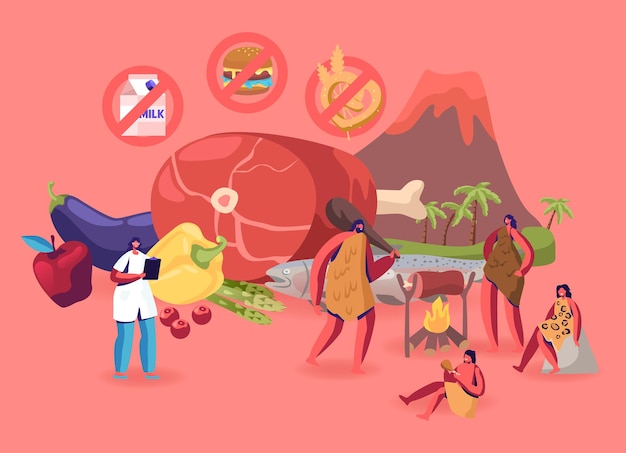 Conceito de alimentação saudável dieta paleo. ilustração plana dos desenhos animados
