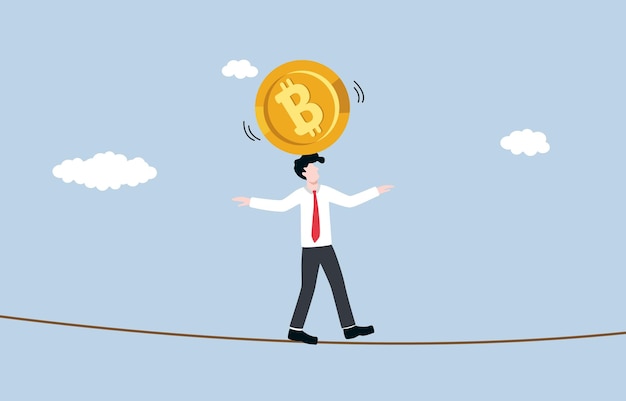 Conceito de alta volatilidade de bitcoin e criptomoeda Empresário tentando manter bitcoin na cabeça