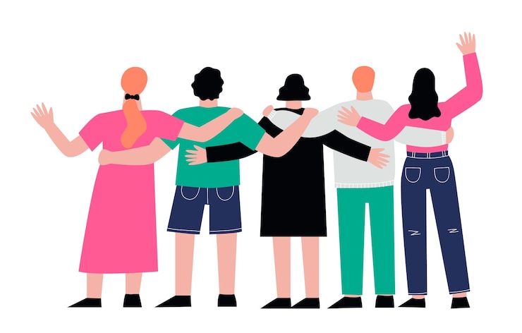 Vetor conceito de amizade de volta amigos abraçando reunião pessoas de costas e abraços jovens estudantes união irmão e irmã sapid vetor cena de amizade grupo abraçando ilustração