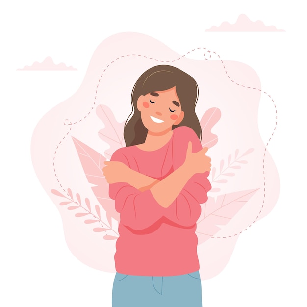 Conceito de amor a si mesmo, mulher se abraçando, ilustração vetorial em estilo simples