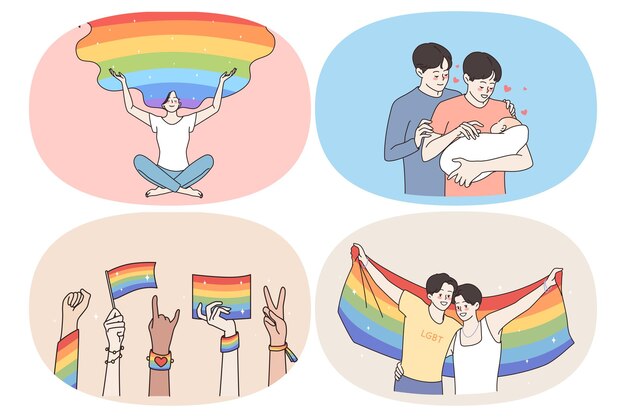 Conceito de amor e direitos de casal homossexual. Conjunto de jovens mulheres positivas lésbicas e homens gays com arco-íris na cabeça beijando abraçando adotando ilustração vetorial de bebê