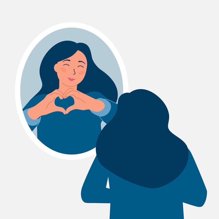 Vetor conceito de amor próprio menina feliz está em frente a um espelho e segura suas mãos em forma de coração