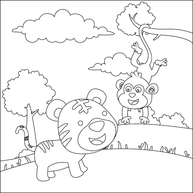 Vetor conceito de animais selvagens de desenho animado tigre fofo e macaco no livro de colorir ou página da selva