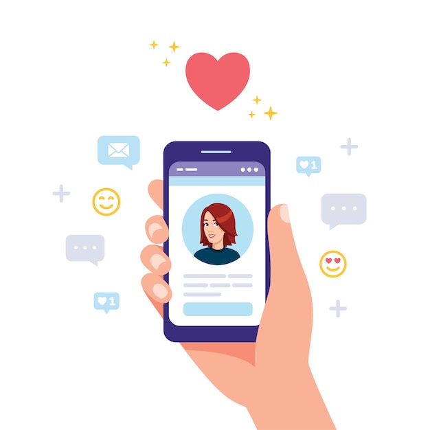 Conceito de aplicativo de namoro Mão masculina segurando smartphone com perfil de mulher jovem em exibição