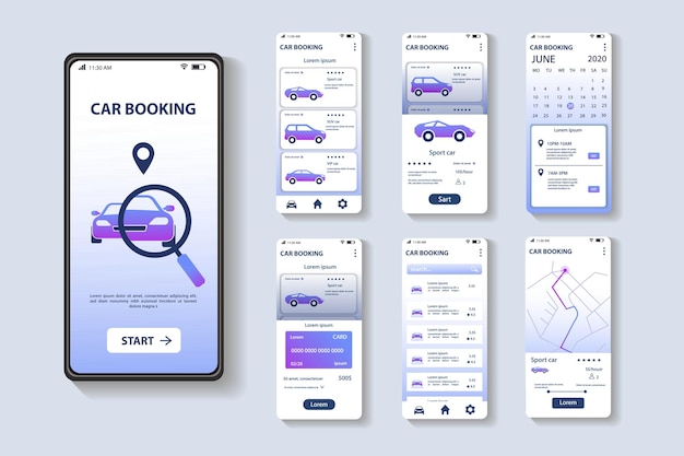 Conceito de aplicativo de reserva de carro em design plano Uma coleção de screenshots de UI de aplicativo móvel