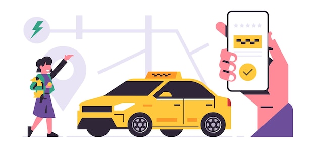 Conceito de aplicativo móvel de serviço de pedido de táxi uma mão segurando um telefone com reserva de um táxi na tela menina com um pino de mapa de rua de cachorro ilustração vetorial plana