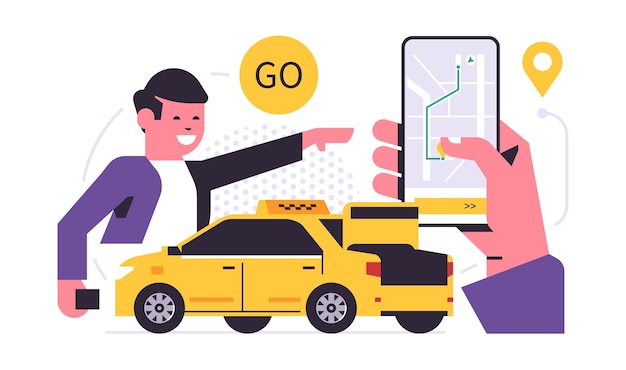 Conceito de aplicativo móvel de serviço de pedido de táxi uma mão segurando um telefone com reserva de um táxi no mapa da cidade em uma tela de smartphone homem feliz pino de carro amarelo ponto gps ilustração vetorial plana