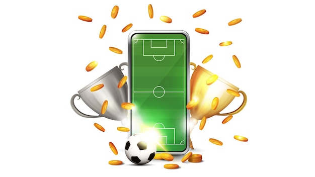 Vetor conceito de apostas esportivas com copos campeões de smartphones caindo moedas de ouro e bola de futebol isoladas em fundo branco