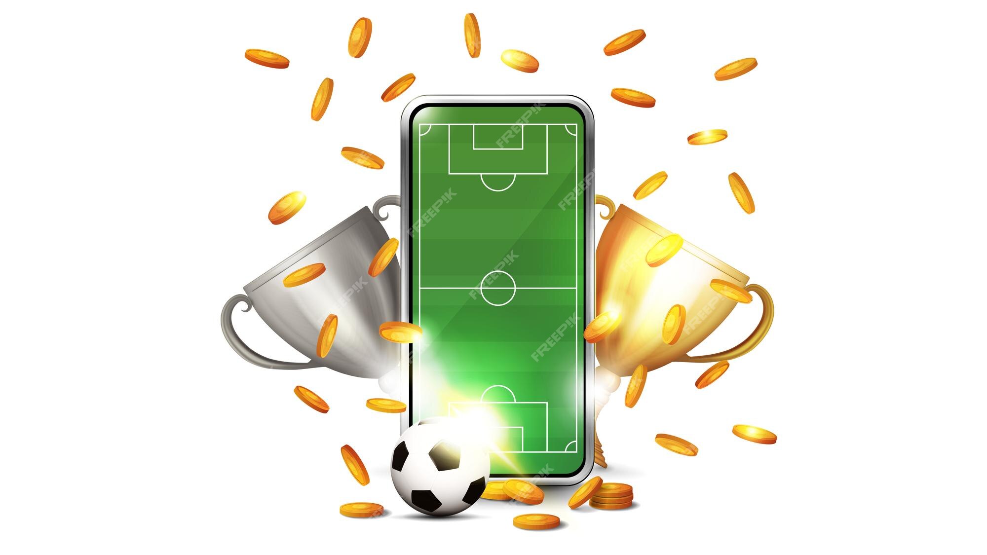 Apostas desportivas online. dólares estão caindo no fundo de uma mão com um  smartphone e uma bola de futebol. fundo criativo, jogos de azar., Foto  Premium