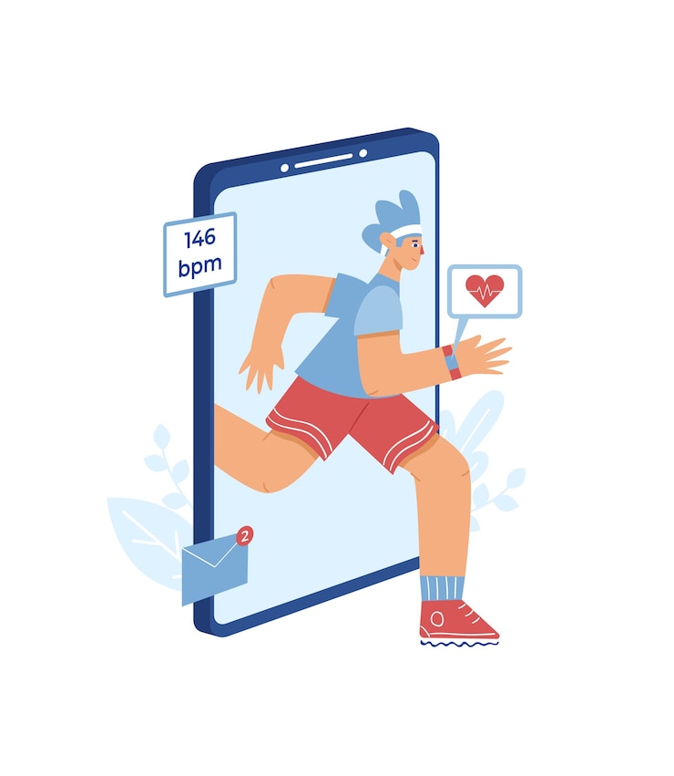 Conceito de app de monitoramento de freqüência cardíaca. Um menino com um relógio inteligente na mão corre contra um enorme smartphone.