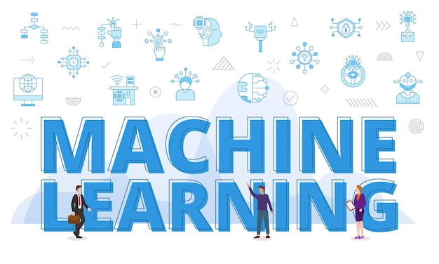 Conceito de aprendizado de máquina com palavras grandes e pessoas cercadas por ícone relacionado com estilo de cor azul