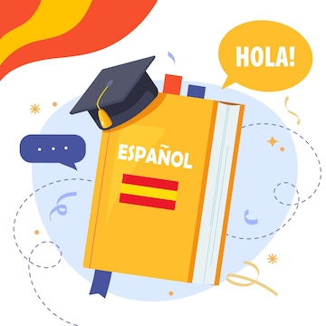 Aprendendo espanhol, conceito de língua estrangeira espanol com livros  didáticos e artigos de papelaria. cursos, aulas, webinar, educação online,  oficina educacional de aulas à distância. ilustração em vetor desenho  animado