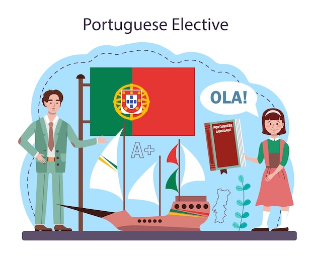 Vetor conceito de aprendizagem da língua portuguesa. curso de português na escola de línguas