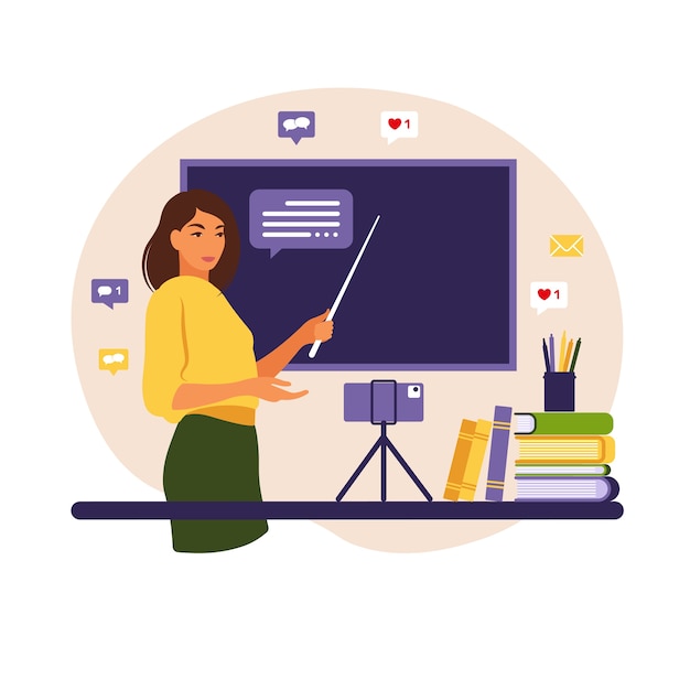 Vetor conceito de aprendizagem online professor na lousa vídeo-aula escola de estudo à distância, ilustração estilo simples