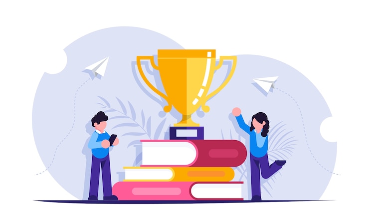 Vetor conceito de aprendizagem. pessoas receberam uma taça por estudar livros