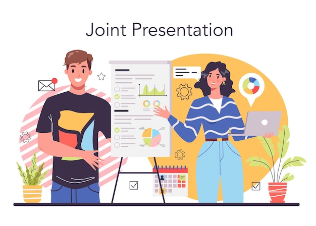 Conceito de apresentação de negócios empresários na frente do grupo de colegas de trabalho apresentando plano de negócios ou relatório em um seminário apontando para o gráfico ilustração vetorial plana