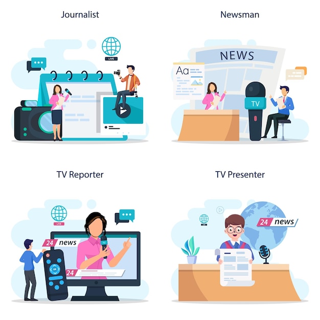 Conceito de apresentador de TV Apresentador de televisão em estúdio Emissor falando na câmera relatando notícias Ilustração vetorial plana