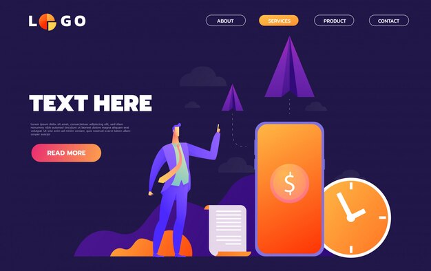 Conceito de arranque de negócios para a página da web. ilustração, processo de inicialização do projeto de negócios, idéia através de planejamento e estratégia, gerenciamento de tempo, realização.
