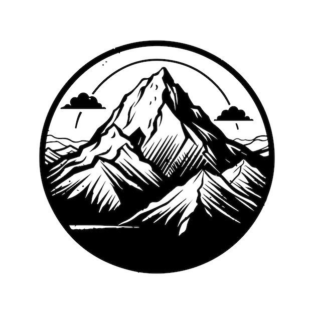 Conceito de arte de linha de logotipo vintage de montanha ilustração desenhada à mão em preto e branco