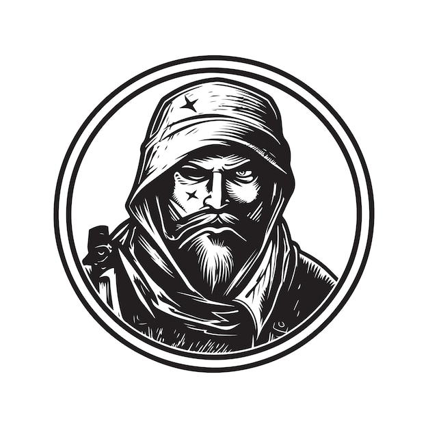 Conceito de arte de linha de logotipo vintage mercenário ilustração desenhada à mão em preto e branco