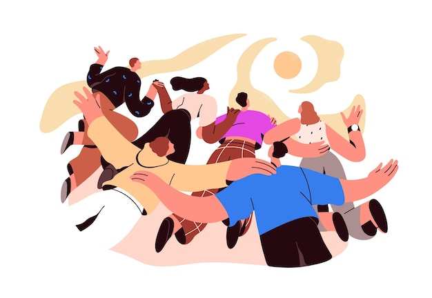 Conceito de aspiração de objetivo futuro Grupo de personagens que aspiram a um objetivo comum Objetivo alvo sucesso Pessoas sonhadoras sonhando juntas Ilustração vetorial gráfica plana isolada em fundo branco