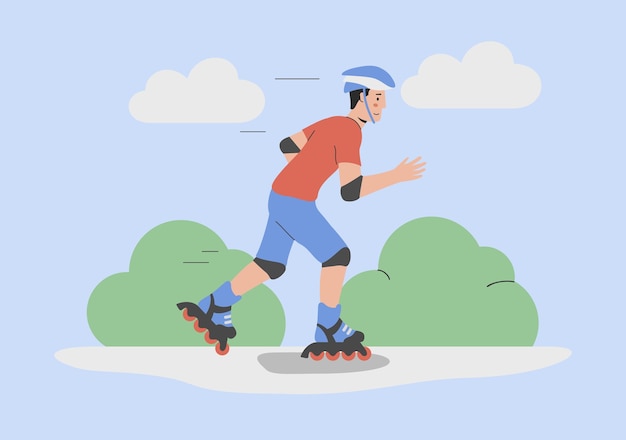 Conceito de atividade física estilo de vida saudável e jogando esporte homem feliz no parque de patins no capacete animado menino no capacete vermelho patins rápido dos desenhos animados plana ilustração vetorial