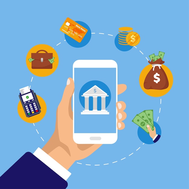 Conceito de banco móvel. Transação de dinheiro, negócios e pagamento móvel. Empresário detém o telefone.