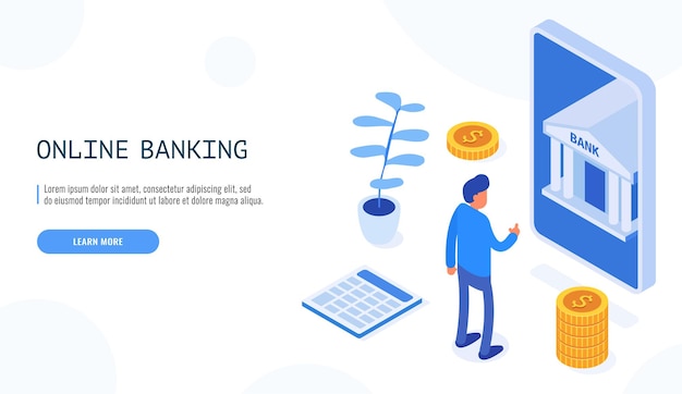 Conceito de banco online. Homem olha para o banco móvel no telefone.