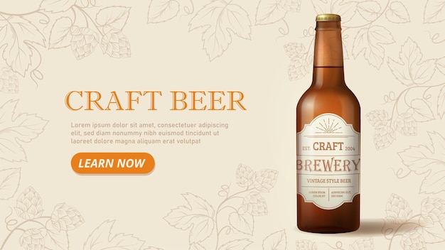 Conceito de bandeira de cerveja realista garrafa de cervejaria artesanal de publicidade e marketing de bebidas alcoólicas