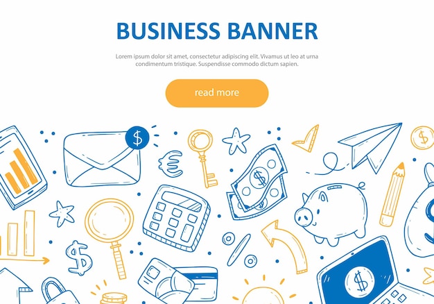 Conceito de banner da web sobre o tema de negócios e finanças com modelo de elementos de doodle fofo