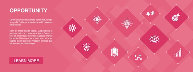 Conceito de banner de oportunidade com 10 ícones. ícones simples de oportunidade, negócios, ideia, inovação